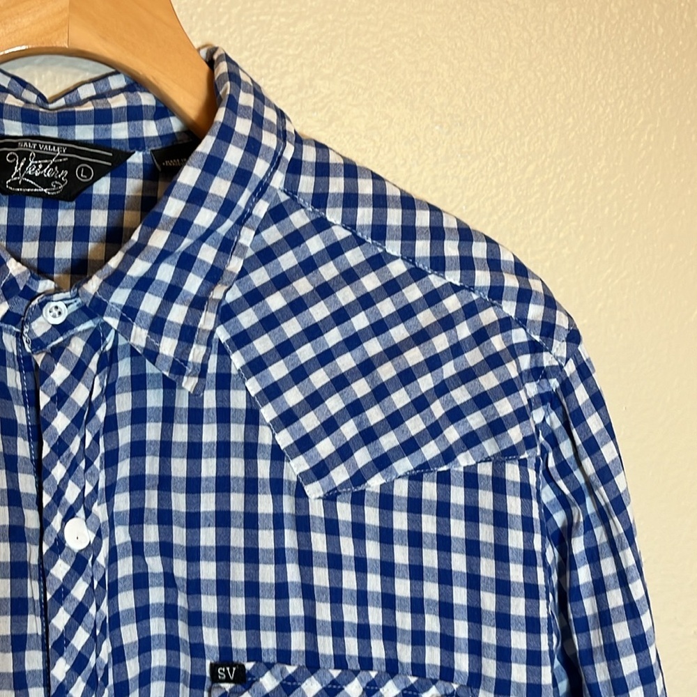 Salt Valley Western Blue Plaid Cotton Long Sleeve Button Shirt - Picture 4 of 10